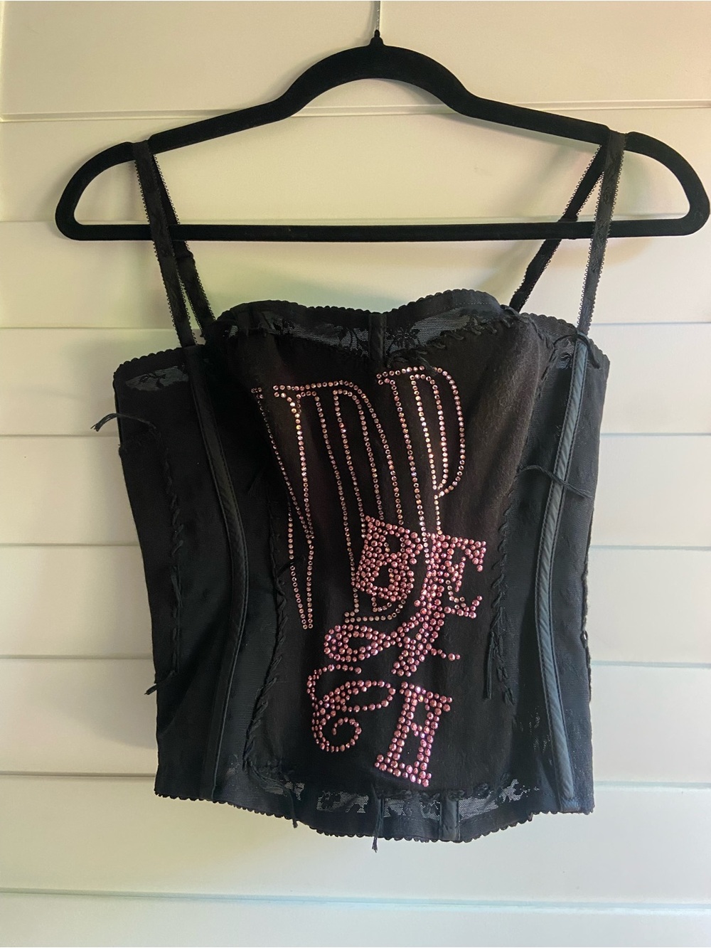 Black Bandeau Corset Camisole with Pink Rhinestone Script
